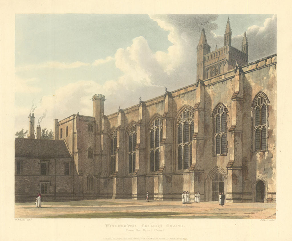 Winchester College Chapel, from the Great (Chamber) Court. Ackermann 1816